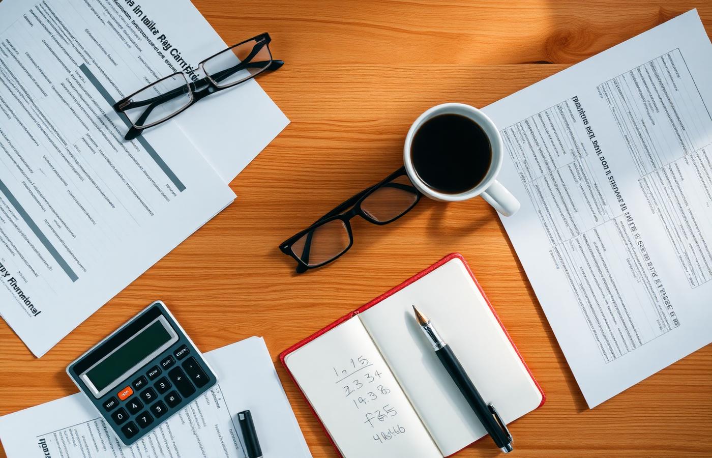 Financial planning documents, a calculator, glasses and a notebook on a wooden desk