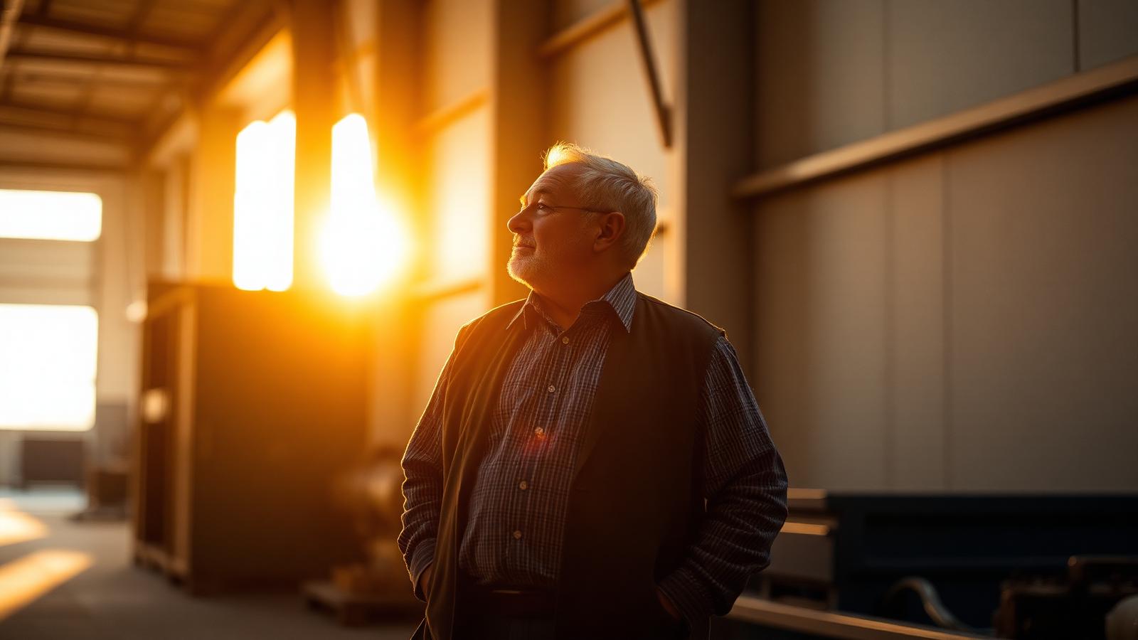 A manufacturing owner reflecting quietly in his factory at golden hour