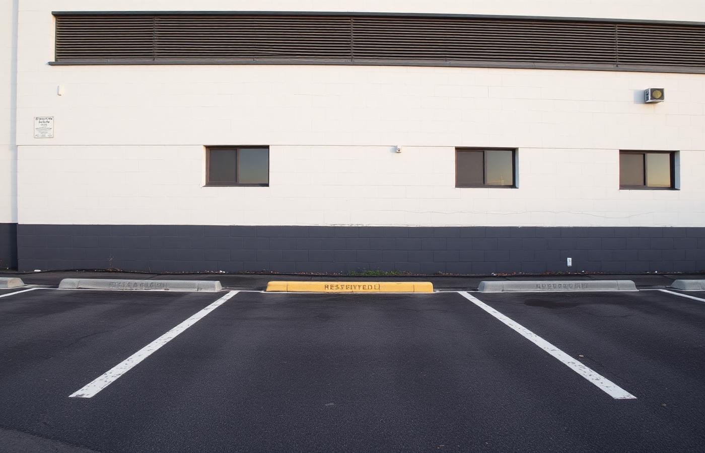 An empty reserved parking bay outside a factory on a quiet morning