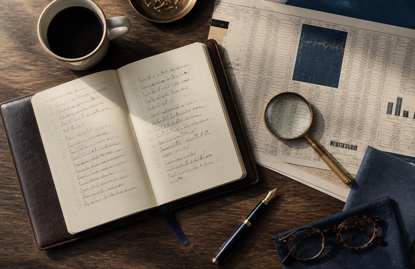 Notebook, fountain pen, magnifying glass and financial statements on a wooden desk